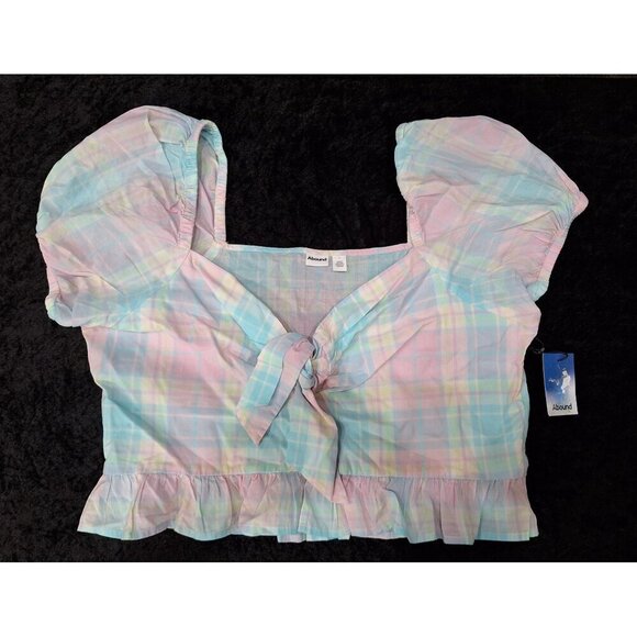 NWT Abound Pastel Plaid Tie Front Crop Top With Puff Sleeves Size L 100% Cotton - Picture 2 of 5